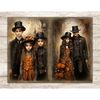 Dark Vintage Autumn Junk Journal Pages. Gothic Collage Pages with a couple and children in Victorian hats and clothes