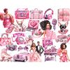 Watercolor glamorous black girls in pink dresses with black, pink and brown hair, black doll couple girl and young man. Chihuahua on pillows in a pink bow, toy