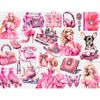 Watercolor glamorous blonde dolls in fashionable pink dresses in the style of the zero years of the 21st century, toy terrier, pink tea set of mugs and teapot,
