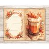 Fall Vibes Watercolor Junk Journal Pages. Vintage autumn Ephemera Pages with autumn leaves folded into a round frame in the shape of a wreath, cappuccino in a f