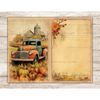 Autumn Watercolor Junk Journal Pages. Vintage pages with an old farm retro truck on the background of a farm and autumn harvest pumpkins. Autumn Blank Junk Jour