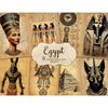 Watercolor Junk Journal Pages with Gods, Pyramids, Hieroglyphs of Ancient Egypt. Portrait of Nefertiti. Egyptian parchment with drawings of people and gods in p