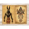Watercolor Junk Journal Pages of Ancient Egypt. Anubis, the god of Egypt with the head of a jackal, holds in his hand the scepter of the gods Wass. Egyptian orn