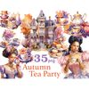 Watercolor black women in Victorian dresses at the autumn tea party. Cozy autumn house outdoor view. Vintage cups of tea, teapots, grapes, pumpkin, a slice of c