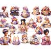 Watercolor black girls in victorian dresses with cups of tea celebrate autumn tea party. Tea sets, cups, sweets, a piece of cake, pumpkin pie, a typewriter with