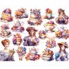 Watercolor girls in victorian dresses with cups of tea celebrate autumn tea party. Tea sets, cups, sweets, a piece of cake, a dinner fork and spoon, a stack of