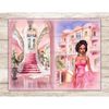 Watercolor Junk Journal Pages with a glamorous black brunette woman in a pink retro dress, diamond earrings and necklace against a pink mansion. Pink interior o