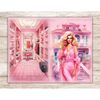 Watercolor Junk Journal Pages with a glamorous blonde woman in pink retro clothes from the 2000s against the backdrop of a pink mansion with stairs. Large glamo
