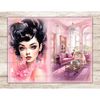 Watercolor Junk Journal Pages with a glamorous fashionable brunette in a pink puffy retro dress and pink earrings. Pink living room interior with sofa, armchair
