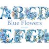 Blue Flowers Alphabet. Watercolor blue floral alphabet letters. Floral blue peonies font for 1st Birthday invitations letters A, B, C, D, E, F, G, H. Blue Baby