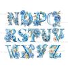 Blue Flowers Alphabet. Watercolor blue floral alphabet letters. Floral blue peonies font for 1st Birthday invitations letters N, O, P, Q, R, S, T, U, V, W, X, Y