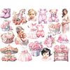 Baby Girl White Clipart. Watercolor white blonde and brunette girls, white baby girl in mother's arms, pregnant girl in pink dress, pink baby toys and pink clot