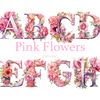 Pink Flowers Alphabet. Watercolor pink floral alphabet letters. Floral pink peonies font for 1st Birthday invitations letters A, B, C, D, E, F, G, H. Pink Baby