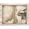 Music Junk Journal Pages and Decoupage Handwritten Music Notes. Watercolor vintage piano with floral compositions on the background of old Music Vintage Sheets