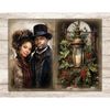 Victorian Christmas Black Junk Journal Pages. Black couple a man in a black hat and coat, a woman in a brown dress with a red headscarf. Antique vintage lamp wi