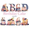 Birthday Cake Alphabet. Pink and blue font for Birthday invitations letters A, B, C, D, E, F, G, H. Watercolor pink and blue Happy Birthday alphabet letters. Pi