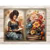 Librarian Junk Journal Page. A young black beautiful girl with brown hair librarian in a Victorian dress reads an open book. Stack of books with a bouquet of br