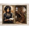 Librarian Junk Journal Page. A young black beautiful brunette girl bookworm in a black Victorian dress holds an open book in her hands. Antique two story librar