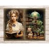 Librarian Junk Journal Page. A young blonde girl librarian in a Victorian beige blouse with an open book in her hands. A vintage green table lamp in a library a