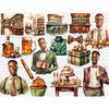 Mans Birthday Black Clipart. Black male birthdays with different hair colors in suits with gifts, cake and champagne. Birthday cake, mug of beer, cigar, bar int