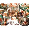 Mans Birthday White Clipart. Male birthday boy in a Bday cap with a gift in his hands in a plaid suit with a green bow tie. Room with balloons for birthday cele