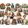 Mans Birthday White Clipart. Birthday men with different hair colors in suits with gifts, cake and champagne. Birthday cakes, terracotta and green balloons. Bot