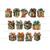 Gift Box Alphabet Clipart. Terracotta and green font for Birthday invitations letters N, O, P, Q, R, S, T, U, V, W, X, Y, Z. Watercolor orange and green Happy B
