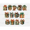 Gift Box Alphabet Clipart. Terracotta and green font for Birthday invitations letters N, O, P, Q, R, S, T, U, V, W, X, Y, Z. Watercolor orange and green Happy B