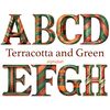 Terracotta and Green Alphabet Clipart. Orange and green font for Birthday invitations letters A, B, C, D, E, F, G, H. Watercolor striped orange and green Happy