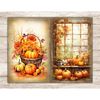 Pumpkin Junk Journal Pages. Pumpkins and flowers in an autumn wicker basket. Pumpkins on the autumn windowsill of a country farmhouse