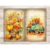Pumpkin Junk Journal Pages. Autumn pumpkins with a wicker basket of flowers. Retro pickup truck with pumpkins in the back.