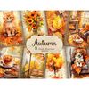 Autumn Junk Journal Paper. Cute Autumn cat in autumn foliage. Sunflowers in a vase with water. Cozy room with a fireplace, an armchair and a blanket. Swing on t