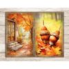 Autumn Junk Journal Paper. Autumn trees with foliage. Entrance to the house with a staircase with vintage railings. Acorn nuts with autumn foliage.