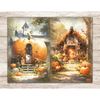 Cute Autumn Pumpkin Junk Journal. Huge pumpkin-house on the background of a country house. Autumn house with foliage and pumpkins.