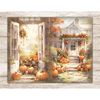 Cute Autumn Pumpkin Junk Journal. Pumpkins lie in front of the exit to the garden at the white wooden doors with glass. Autumn scene with a white house and pump