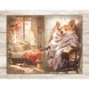 Cute Autumn Junk Journal. Cozy autumn bedroom with a bed, an orange plaid and a book with a tray. Cute kawaii corgi puppy in a plaid sits in a chair.