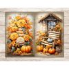 Cozy Autumn Pumpkin Junk Journal. Autumn flowers and pumpkin. Wooden chair at the entrance to a house with orange and blue pumpkins