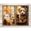 Cozy Autumn Junk Journal. A cozy wicker rattan chair with a white cushion against an autumn tree with orange foliage. Table with tea cups. A cute dog with a col