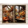 Cozy Autumn Junk Journal. Cozy autumn room with flowers, orange sofa, bookshelves and panoramic glass roof. Autumn flowers in a bucket, pumpkins on the table ag