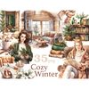 Cozy Winter White Clipart. A girl with brown hair in a green cozy winter cardigan with a fir branch in her hands. A blonde in a cozy plaid bathrobe sits in an a