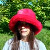 Red ruby faux fur bucket hat. Stylish fluffy hat for festivals and every day.