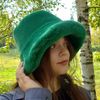 Green faux mink fur bucket hat. Stylish deep green fluffy hat. Cute winter bucket hat.