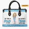 My Time In Scrubs Is Over But Being A Nurse Never Ends, Personalized Leather Bag For Retired Nurses, Gift for Nurse, Custom Nurse And Name 1.jpg