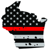 Distressed Thin Red Line Wisconsin State Shaped Subdued US Flag Sticker Self Adhesive Vinyl fire WI - C3951.png
