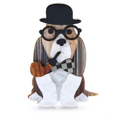 Dog with pipe and glasses brooch, Acrylic statement jewelry, Unisex gift