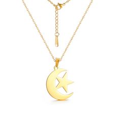 Star and moon necklace, Stainless steel pendant, Silver or gold color, Statement unisex jewelry, Charm on the chain