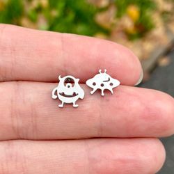 Alien and flying saucer studs, Stainless steel earrings
