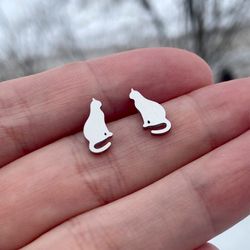 Cats stud earrings, Stainless steel jewelry, Cat lover gift, Sitting cat jewelry