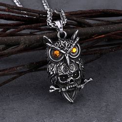 Owl with skull necklace, Stainless steel nordic jewelry, Vikinig norse pendant, Bird lover gift