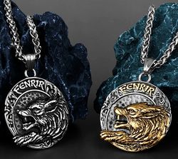 Viking Fenrir wolf necklace, Stainless steel pendant, Animal lover gift, Nordic, Norse jewelry